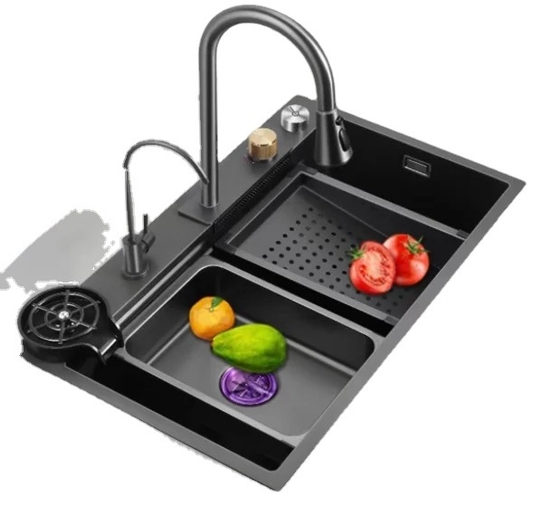 Multifunctional 304 Stainless Steel Kitchen Sink with Handmade Drain Basket and Waterfall Design