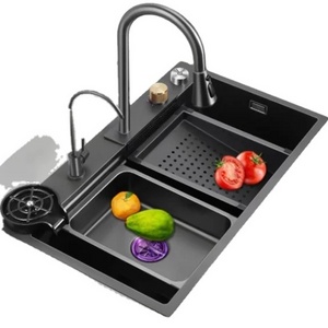 Multifunctional 304 Stainless Steel Kitchen Sink with Handmade Drain Basket and Waterfall Design