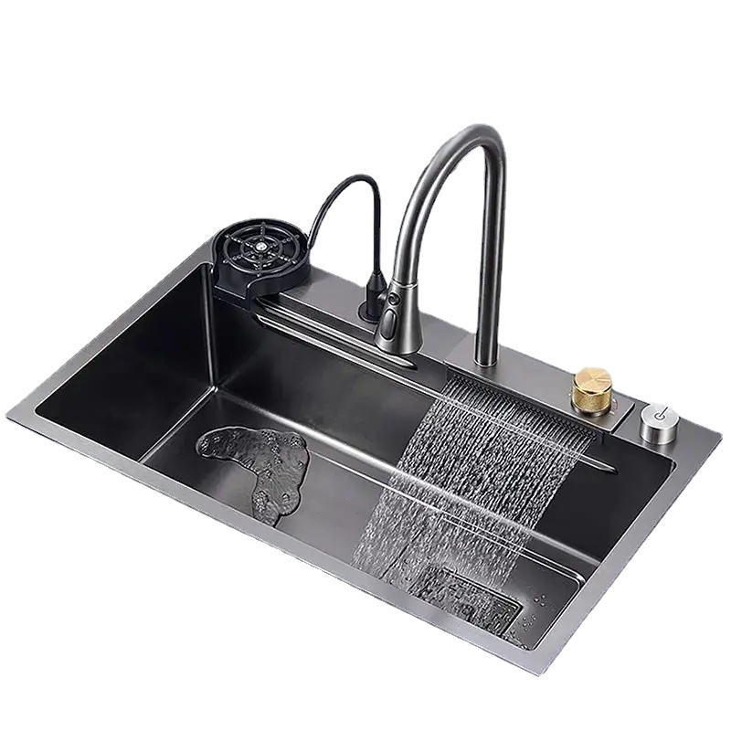 Complete Whole Set Stainless Steel Waterfall Kitchen Sink with Dish Rack Under Mount