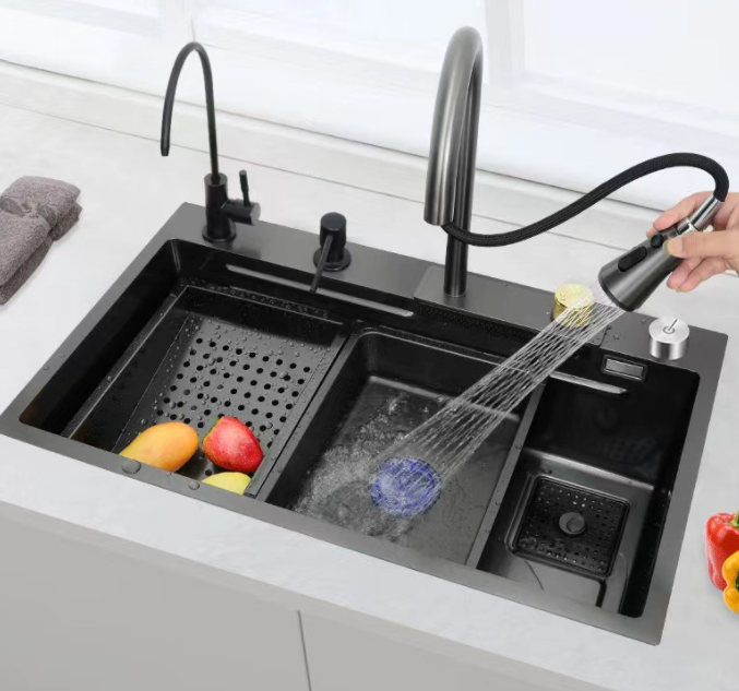 Multifunctional 304 Stainless Steel Kitchen Sink with Handmade Drain Basket and Waterfall Design