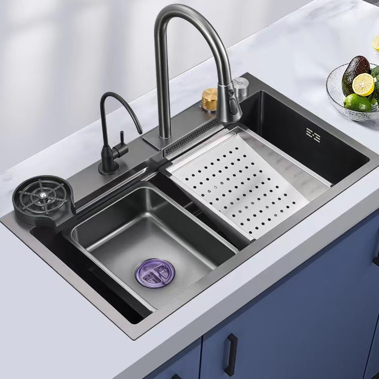 Multifunctional 304 Stainless Steel Kitchen Sink with Handmade Drain Basket and Waterfall Design