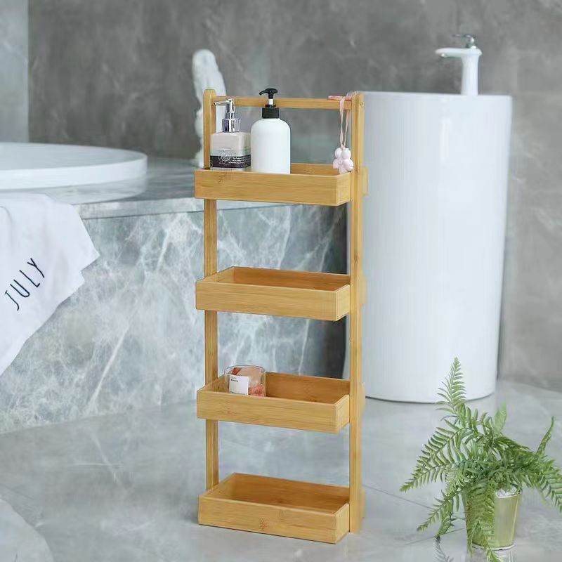 Bamboo bathroom storage rack, Standing Shower Organizer Shelf with Handle, 4Tier Wood Bathroom Stand Up Caddy Basket for Shampoo