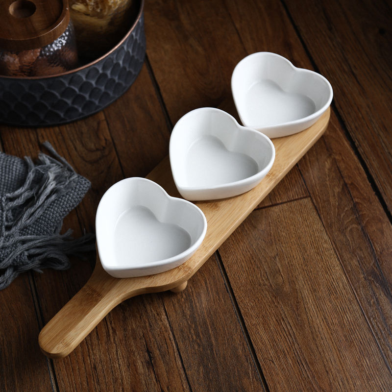 Bamboo Charcuterie Plate with 3pcs Ceramic Bowls House Warming Gifts New Home Present Wood Snack Tray Cheese Serving