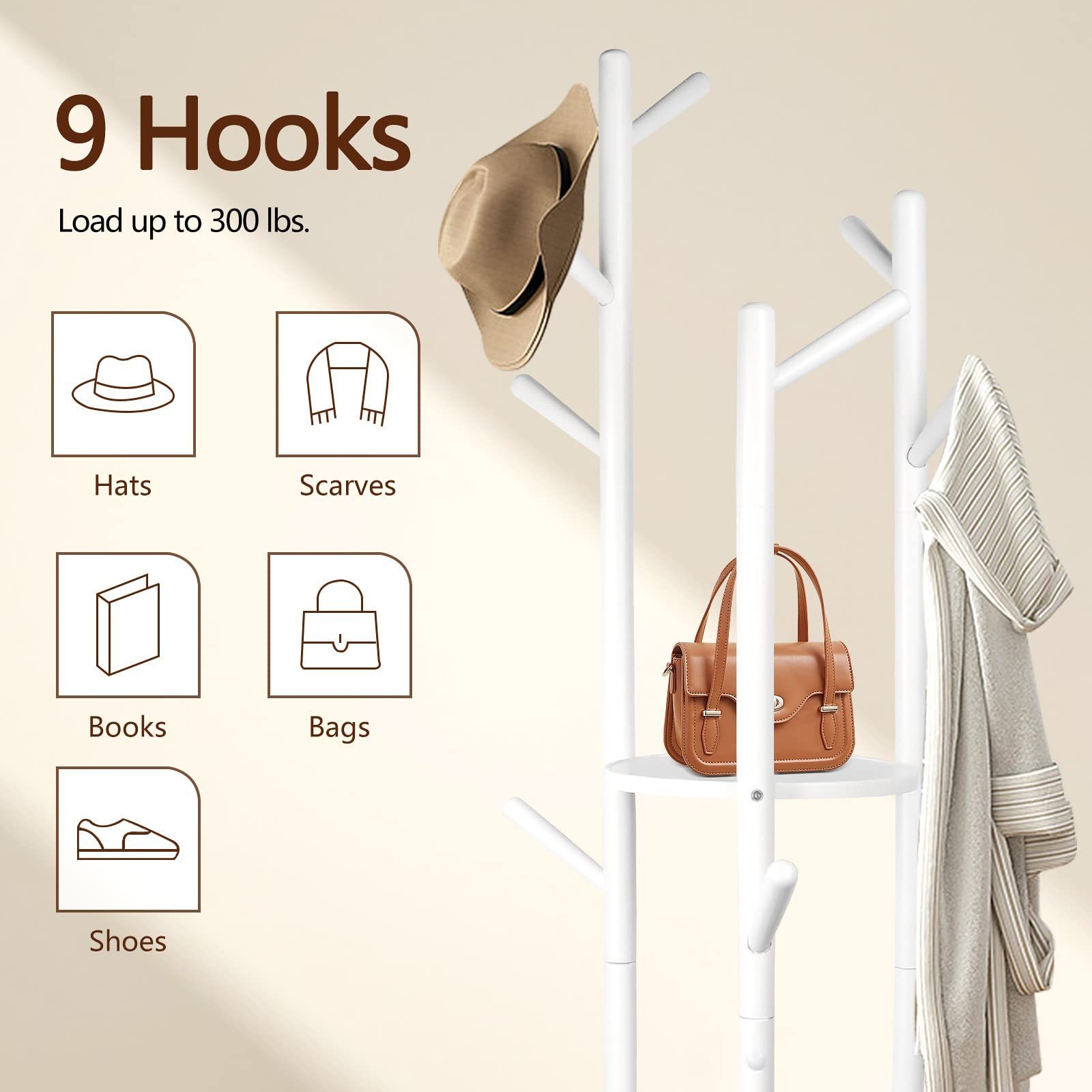 Rotary Clothes Rack Stand with 3 Storage Shelves and 9 Hooks, Entryway Hall Tree Coat Hanger for Hat, Garment, Purse, White