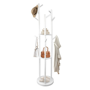 Rotary Clothes Rack Stand with 3 Storage Shelves and 9 Hooks, Entryway Hall Tree Coat Hanger for Hat, Garment, Purse, White