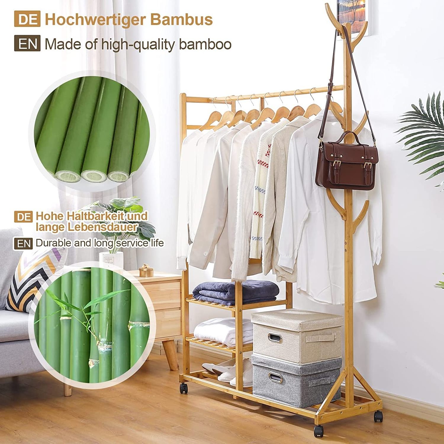 Bamboo Clothes Hanging Rack with 2 Tier Storage Shelves and 2 Coat Hooks Portable Laundry Rack Cloth rack