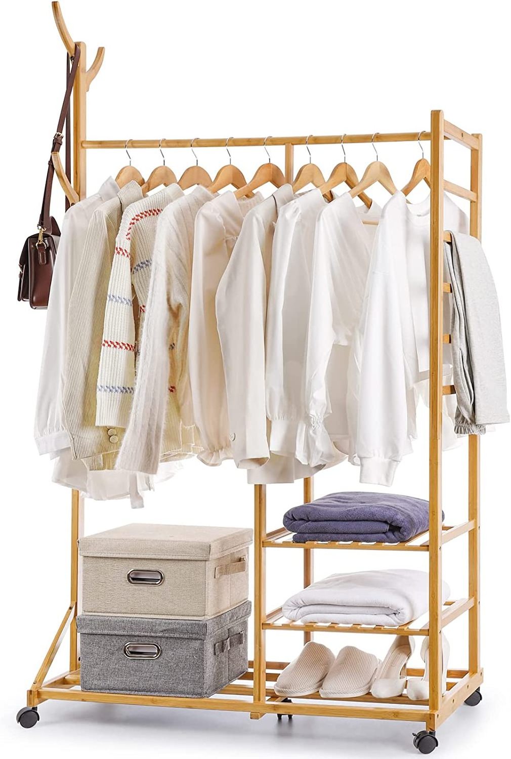 Bamboo Clothes Hanging Rack with 2 Tier Storage Shelves and 2 Coat Hooks Portable Laundry Rack Cloth rack