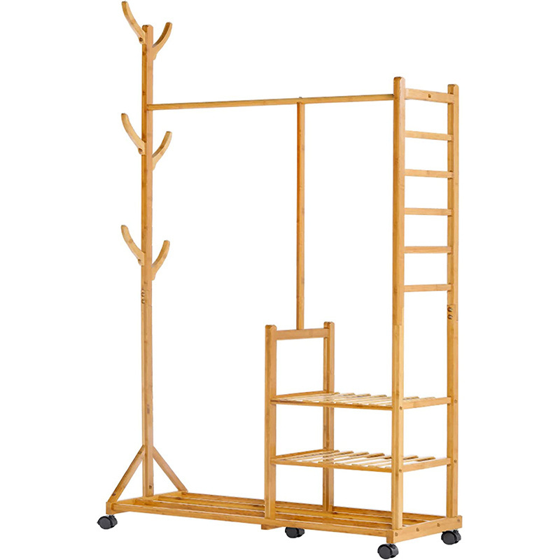 Bamboo Clothes Hanging Rack with 2 Tier Storage Shelves and 2 Coat Hooks Portable Laundry Rack Cloth rack