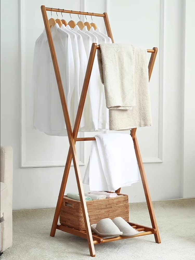 Bamboo Garment Coat Clothes Hanging Heavy Duty Rack Foldable Space Saving Stand with 2 Top Rod and Lower Shoe Clothing Storage