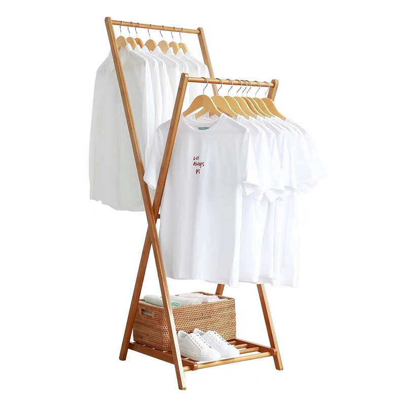 Bamboo Garment Coat Clothes Hanging Heavy Duty Rack Foldable Space Saving Stand with 2 Top Rod and Lower Shoe Clothing Storage