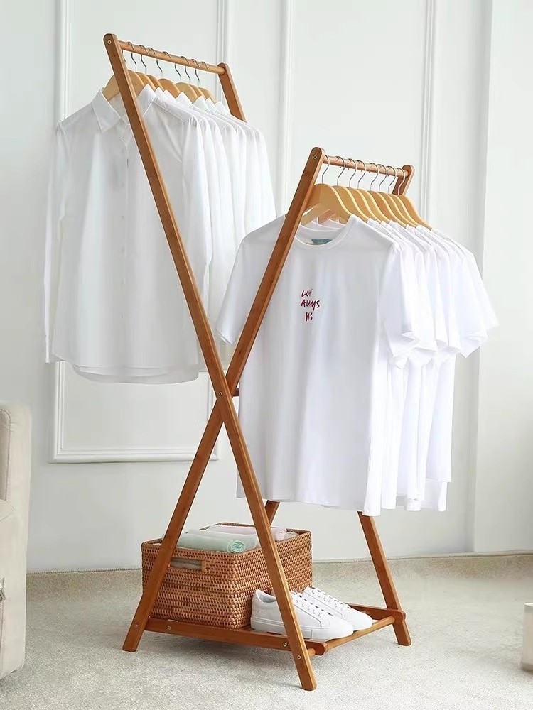 Bamboo Garment Coat Clothes Hanging Heavy Duty Rack Foldable Space Saving Stand with 2 Top Rod and Lower Shoe Clothing Storage