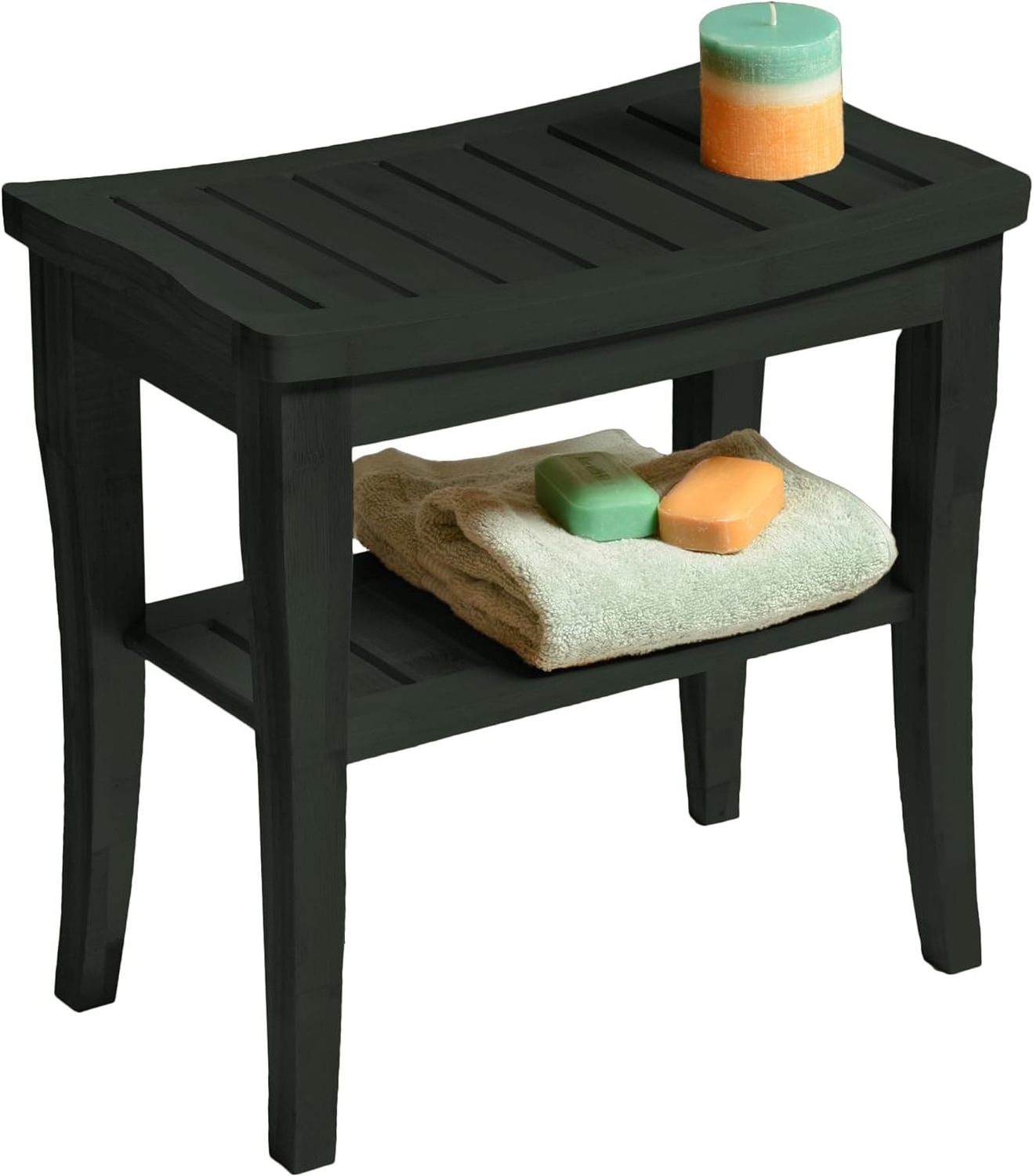 Bamboo Shower Bench Spa Stool - Wood 2-Tier Seat, Foot Rest Shaving Stool with Non-Slip Feet + Storage Shelf