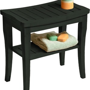 Bamboo Shower Bench Spa Stool - Wood 2-Tier Seat, Foot Rest Shaving Stool with Non-Slip Feet + Storage Shelf