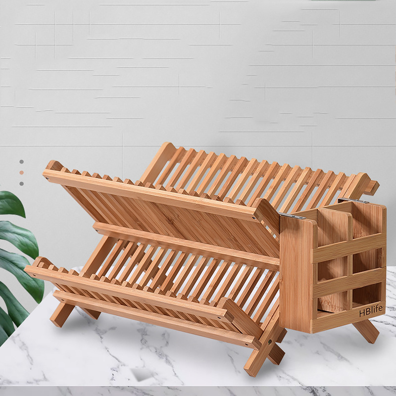 Bamboo dish rack plate rack Collapsible Compact dish drying rack ,Bamboo dish drainer