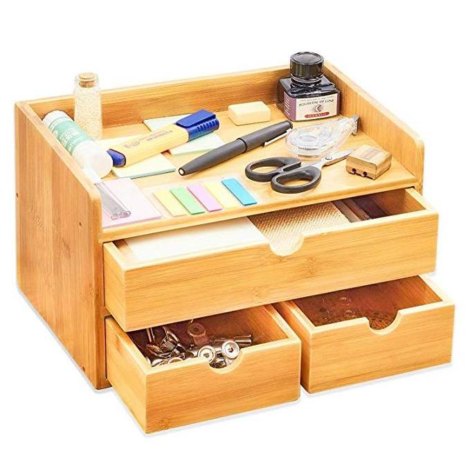 Bamboo Wood Shelf Organizer for Desk with Drawers  Mini Desk Storage for Office Supplies, Toiletries, Crafts, etc