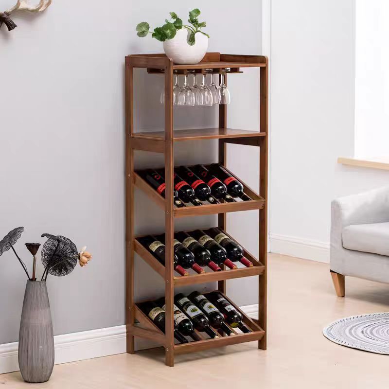 Bamboo Wine Rack, Sturdy and Durable Countertop Wine Storage Cabinet Shelf for Pantry - 4 Tiers15Bottle Wine Rack