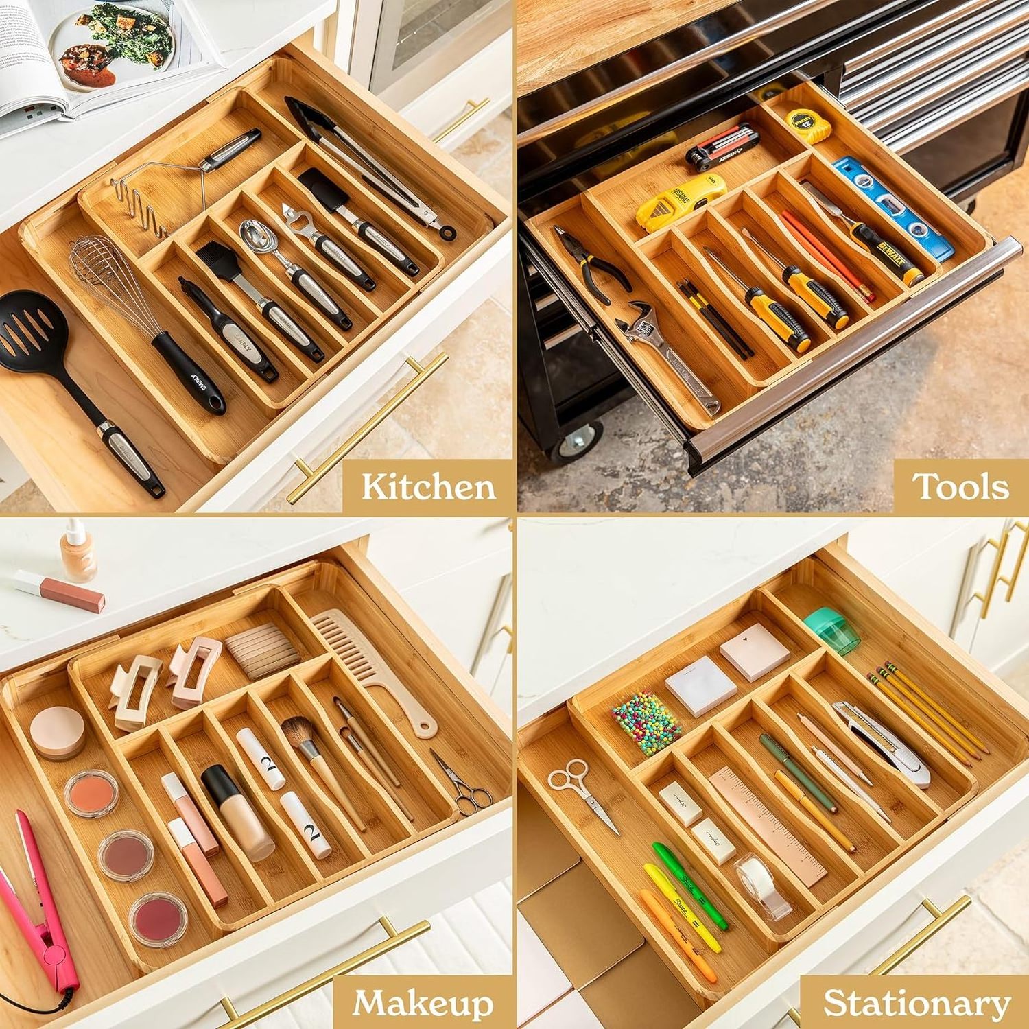 Expandable Bamboo Kitchen Drawer Organizer for Cutlery and Utensils, Adjustable Bamboo Wood Cutlery Tray in Drawer for Flatware