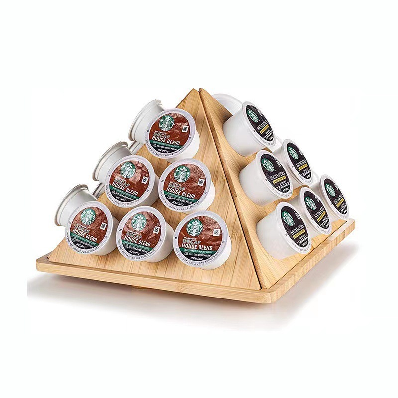 Bamboo coffee capsule shelf tea room table milk ball tea bag storage rack, can rotate triangle finishing rack