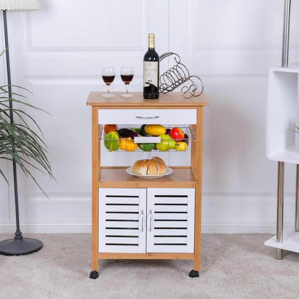 Bamboo Kitchen Island Cart Organizer Drawer Wire Fruit Basket Wheel Lock 2 Door Cabinet