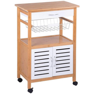 Bamboo Kitchen Island Cart Organizer Drawer Wire Fruit Basket Wheel Lock 2 Door Cabinet