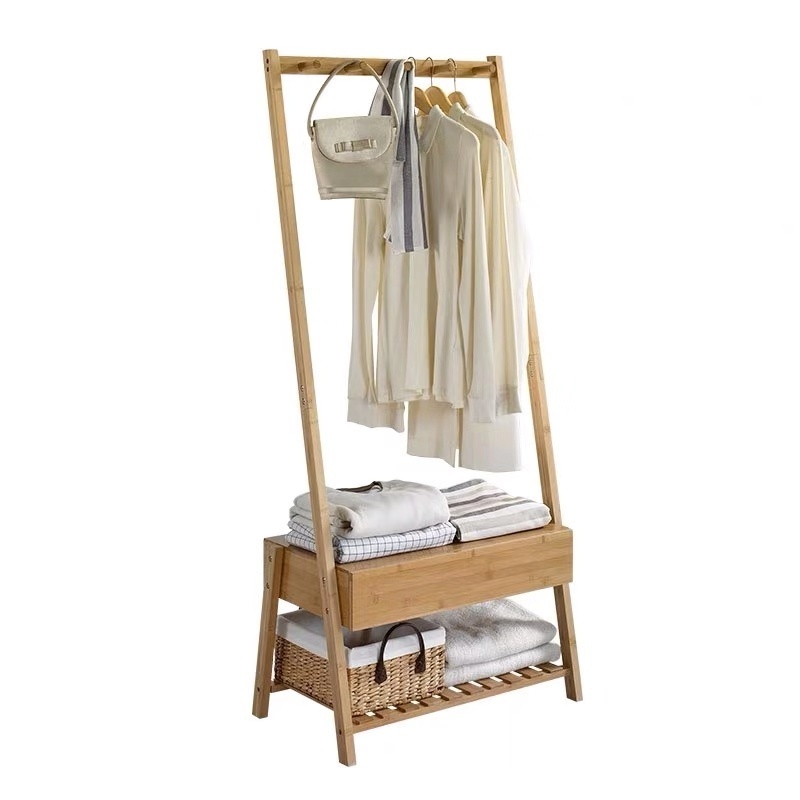 Bamboo Coat Rack  to Hang Jackets, Clothes, Hats with Robust and Sleek Design clothes hanger and one drawer and shoe shelf