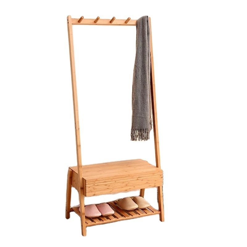 Bamboo Coat Rack  to Hang Jackets, Clothes, Hats with Robust and Sleek Design clothes hanger and one drawer and shoe shelf