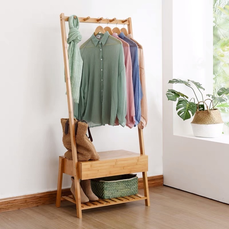 Bamboo Coat Rack  to Hang Jackets, Clothes, Hats with Robust and Sleek Design clothes hanger and one drawer and shoe shelf