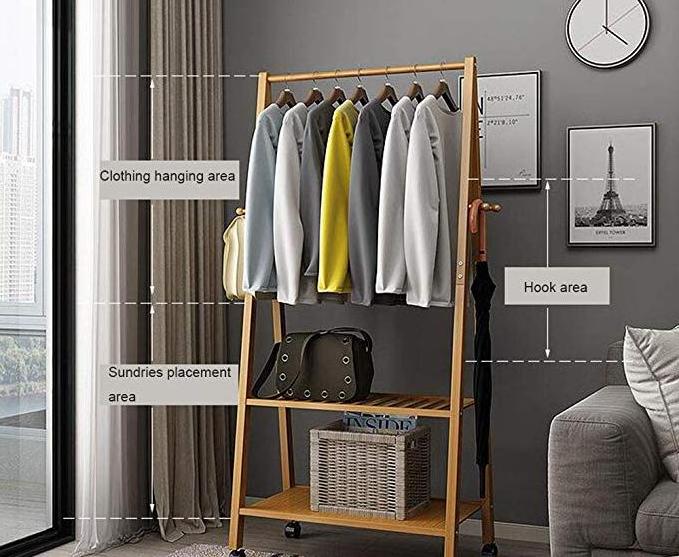 Bamboo Clothes Rack on Wheels Rolling Garment Rack with 2-Tier Storage Shelves and 4 Coat Hooks, for Shoes, Clothing.