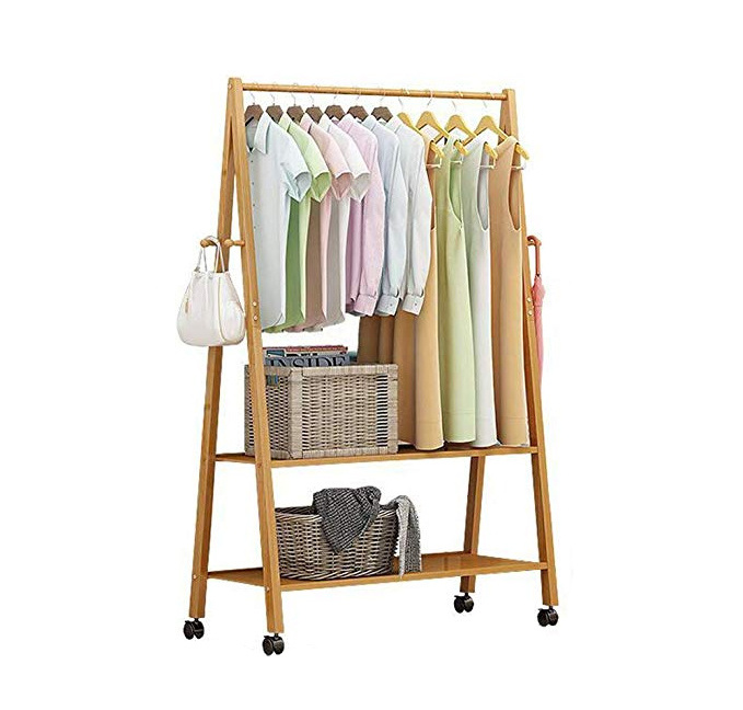 Bamboo Clothes Rack on Wheels Rolling Garment Rack with 2-Tier Storage Shelves and 4 Coat Hooks, for Shoes, Clothing.