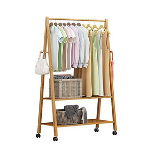 Bamboo Clothes Rack on Wheels Rolling Garment Rack with 2-Tier Storage Shelves and 4 Coat Hooks, for Shoes, Clothing.