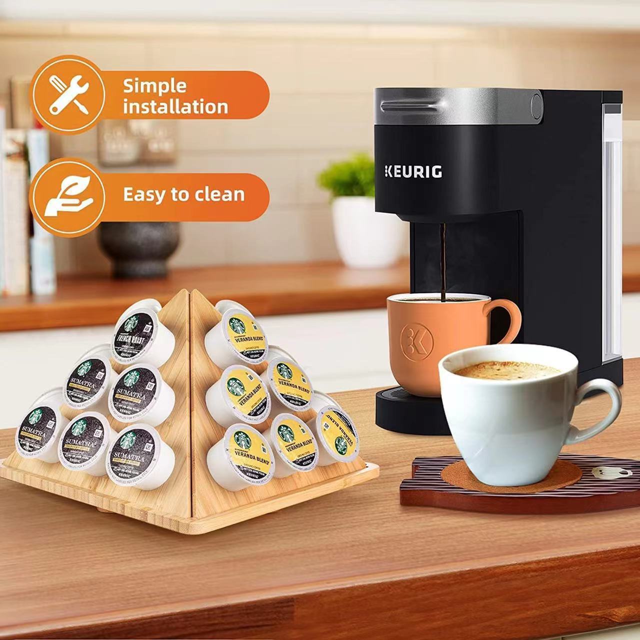 Bamboo coffee capsule shelf tea room table milk ball tea bag storage rack, can rotate triangle finishing rack