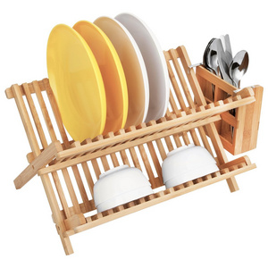 Bamboo dish rack plate rack Collapsible Compact dish drying rack ,Bamboo dish drainer