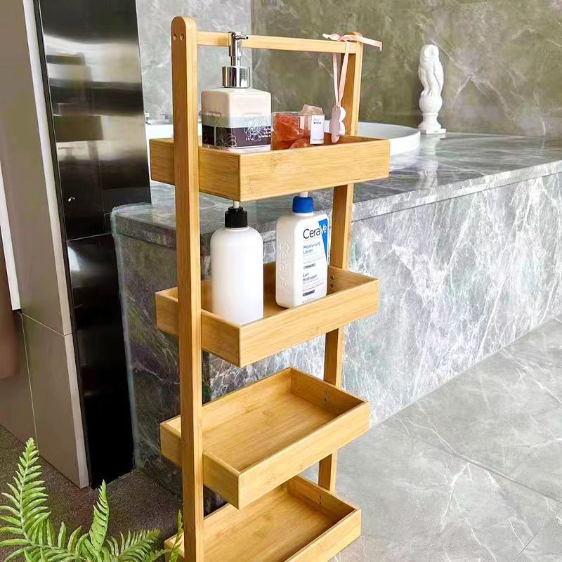 Bamboo bathroom storage rack, Standing Shower Organizer Shelf with Handle, 4Tier Wood Bathroom Stand Up Caddy Basket for Shampoo