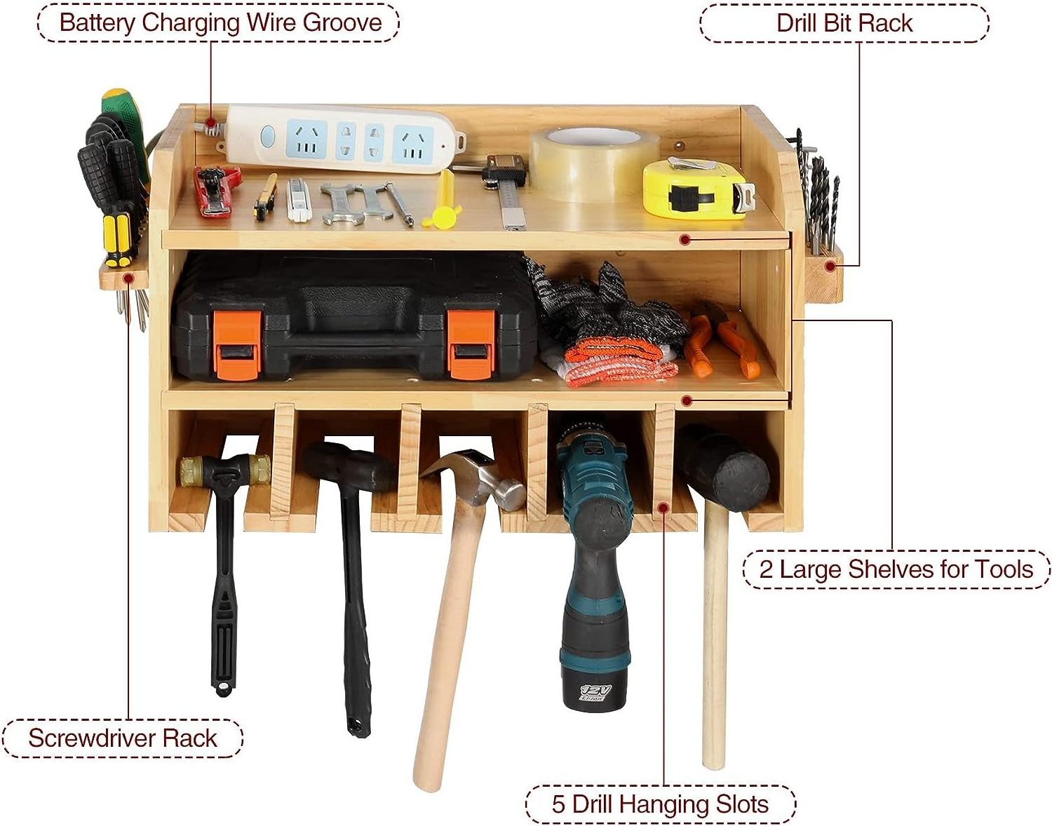 Power Tool Storage Rack Wall Mount, 5 Drill Hanging Slots, with Screwdriver and Drill Bits Storage