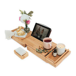 Bamboo Bathtub Caddy Tray  with Wine Glass Holder, Book Shelf/ Packed with 12 Features.