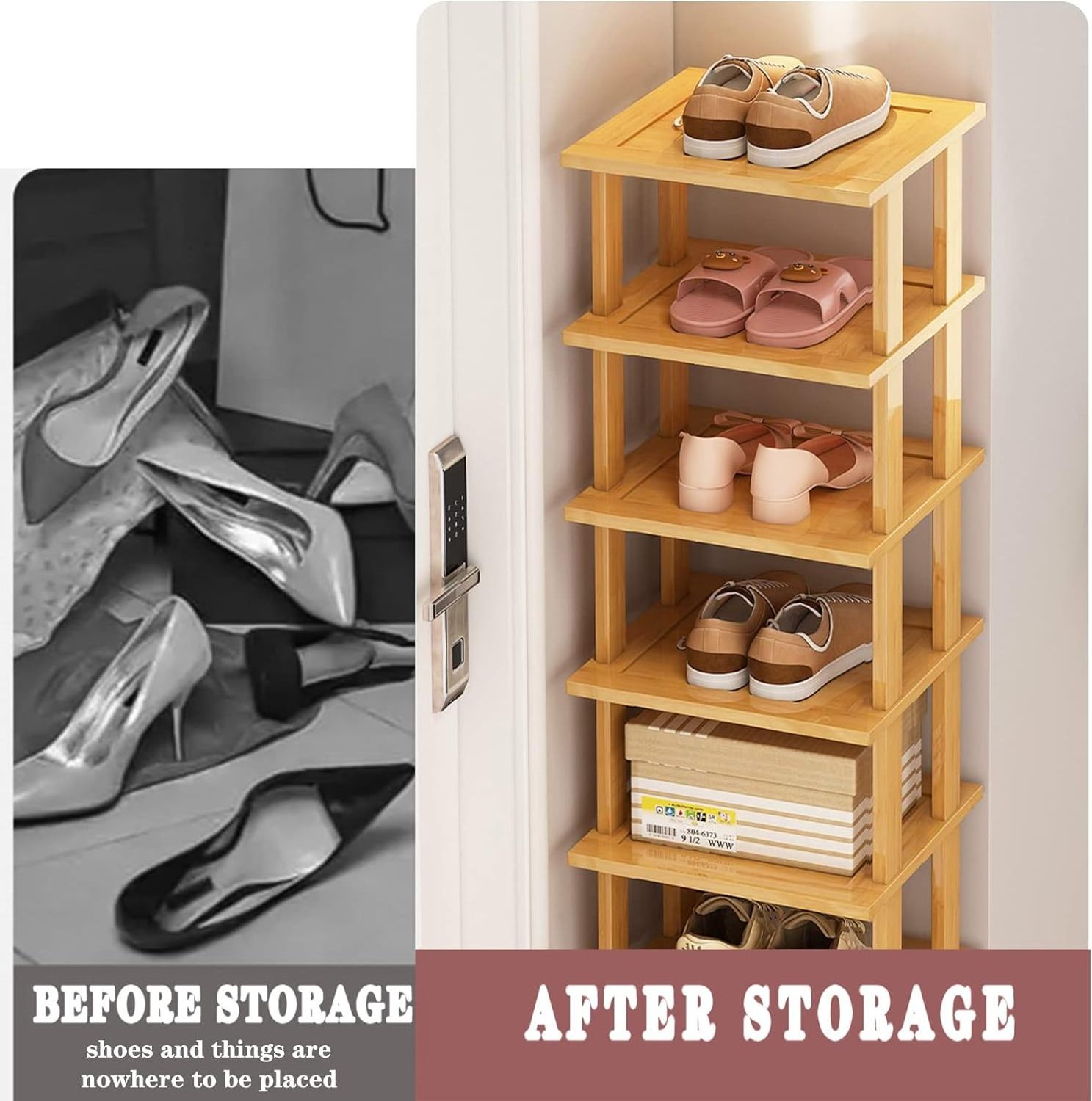 Bamboo Shoe Rack - Vertical Shoe Rack for Small Spaces, Tall Narrow Shoe Rack Organizer for Closet Entryway Corner Garage