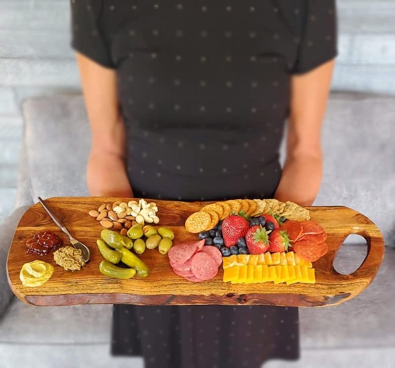 Extra Large Premium Natural Live Edge Acacia Charcuterie Cheese Board Serving and Cutting Tray with Round Handle