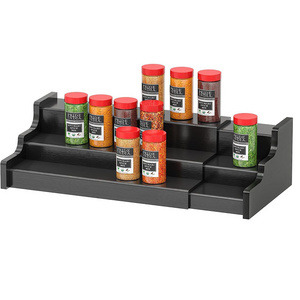 Spice Rack Organizer For Cabinet - 3 Tier Black Bamboo Wooden Expandable Display Shelf