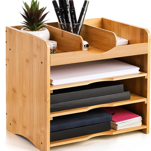 Bamboo Desk File Organizer, 13" Document Letter Tray Sorter with 2 Adjustable Shelves Paper Storage Holder Box