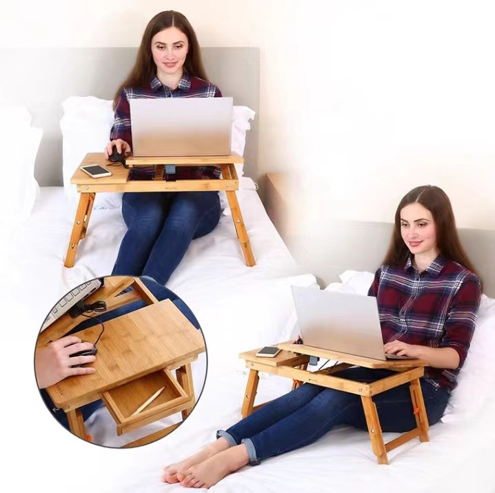 Bamboo Laptop Desk, Portable Folding Bed Laptop PC Desk Lap Tray with Adjustable Legs for Working Reading Placing Breakfast Food