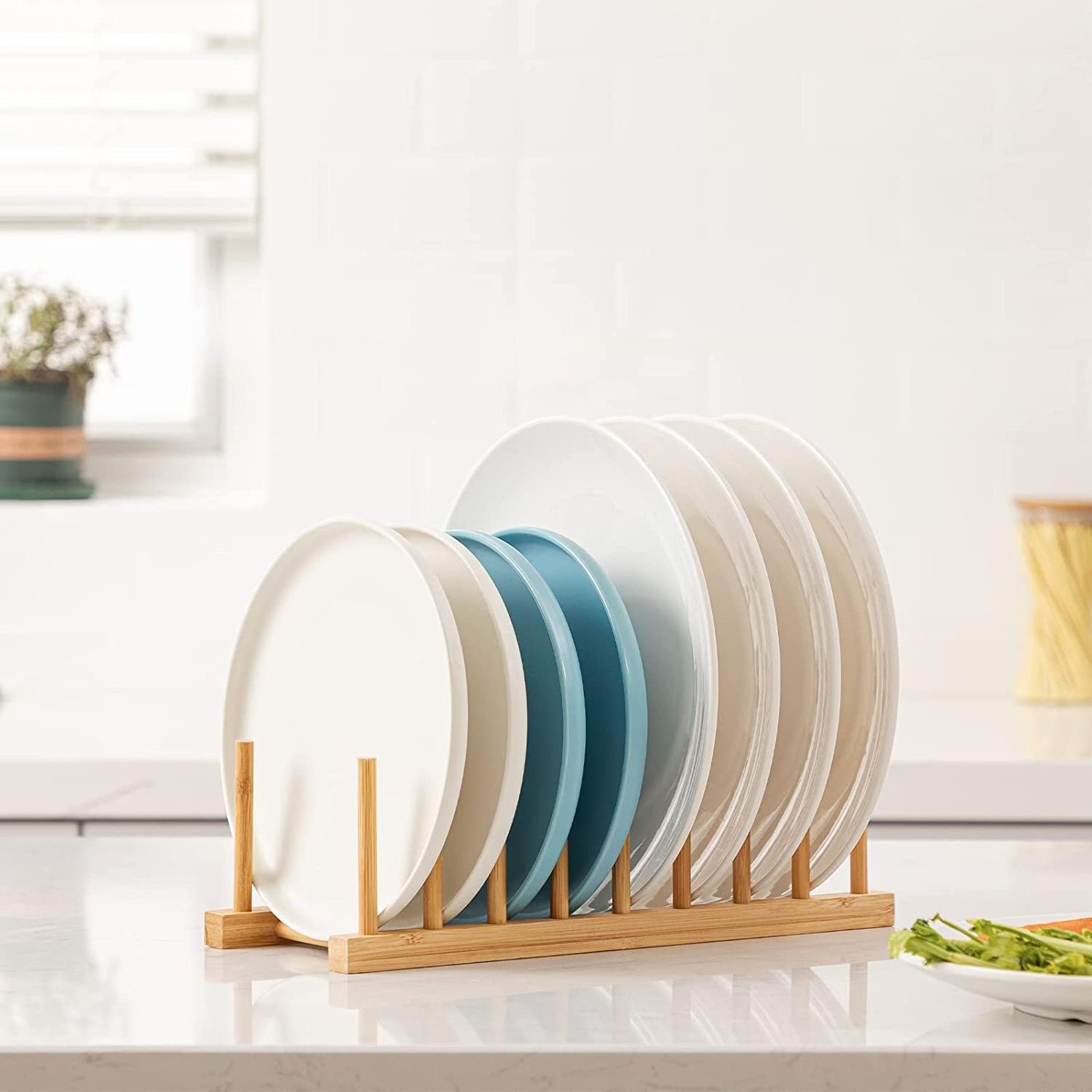 Bamboo Dish Plate Bowl Cup Book Pot Lid Cutting Board Drying Rack Stand Drainer Storage Holder Organizer Kitchen Cabinet