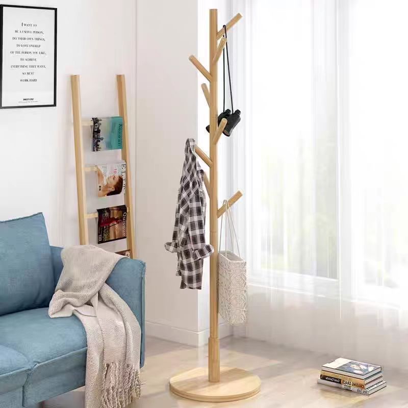 Coat Rack Free Standing - Wooden Coat Tree / 8 Hooks - Coats, Purses, Hats - Adjustable Sizes, Easy Assembly for Bedroom/Office