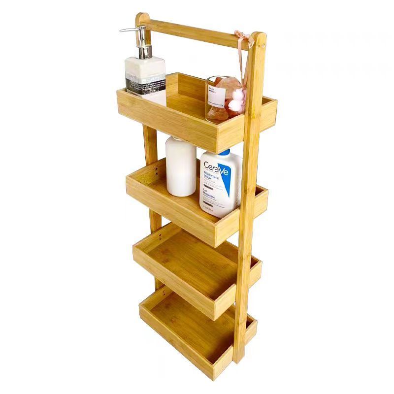 Bamboo bathroom storage rack, Standing Shower Organizer Shelf with Handle, 4Tier Wood Bathroom Stand Up Caddy Basket for Shampoo