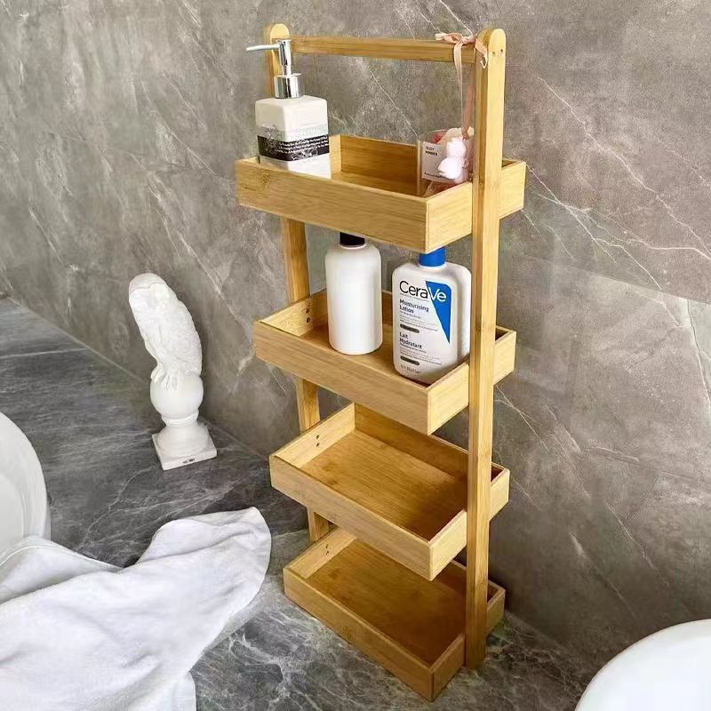 Bamboo bathroom storage rack, Standing Shower Organizer Shelf with Handle, 4Tier Wood Bathroom Stand Up Caddy Basket for Shampoo