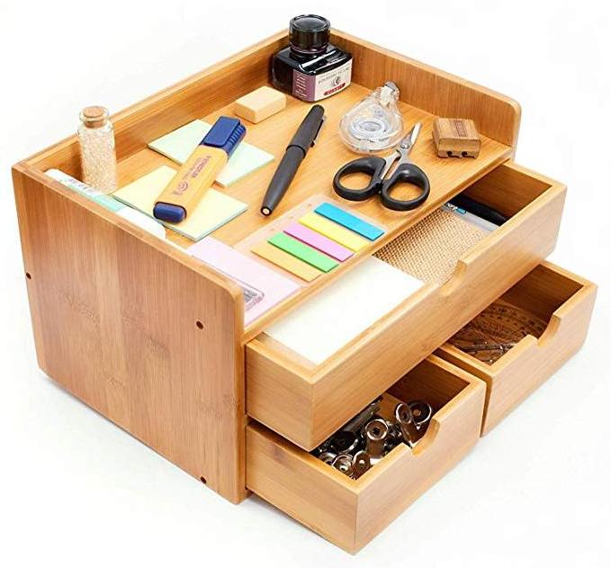 Bamboo Wood Shelf Organizer for Desk with Drawers  Mini Desk Storage for Office Supplies, Toiletries, Crafts, etc