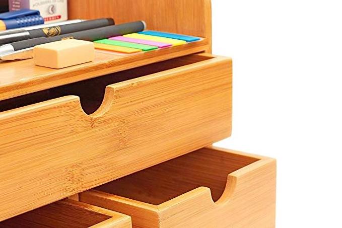 Bamboo Wood Shelf Organizer for Desk with Drawers  Mini Desk Storage for Office Supplies, Toiletries, Crafts, etc