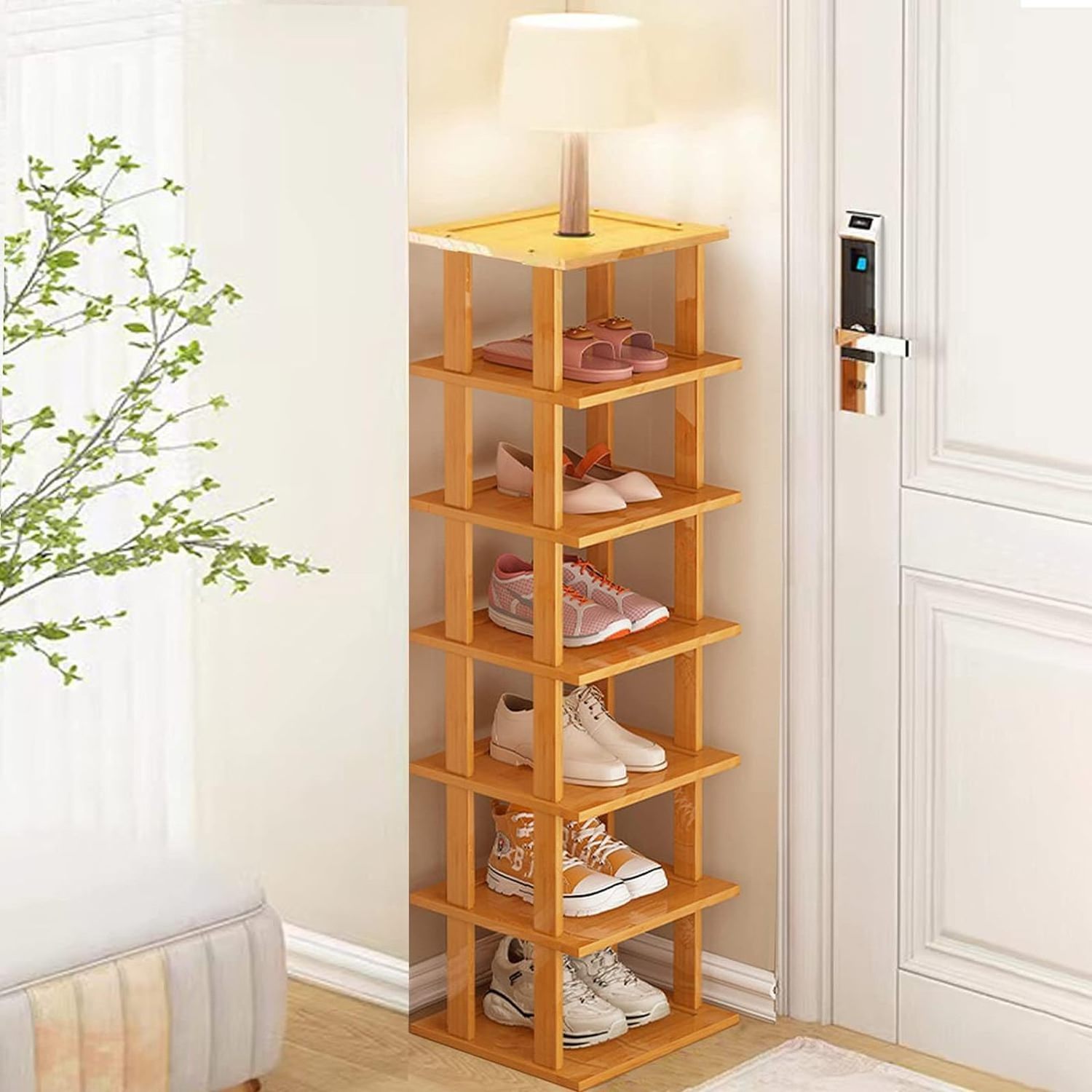 Bamboo Shoe Rack - Vertical Shoe Rack for Small Spaces, Tall Narrow Shoe Rack Organizer for Closet Entryway Corner Garage