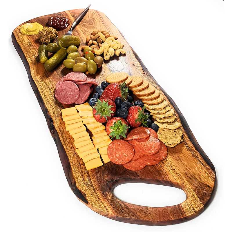 Extra Large Premium Natural Live Edge Acacia Charcuterie Cheese Board Serving and Cutting Tray with Round Handle