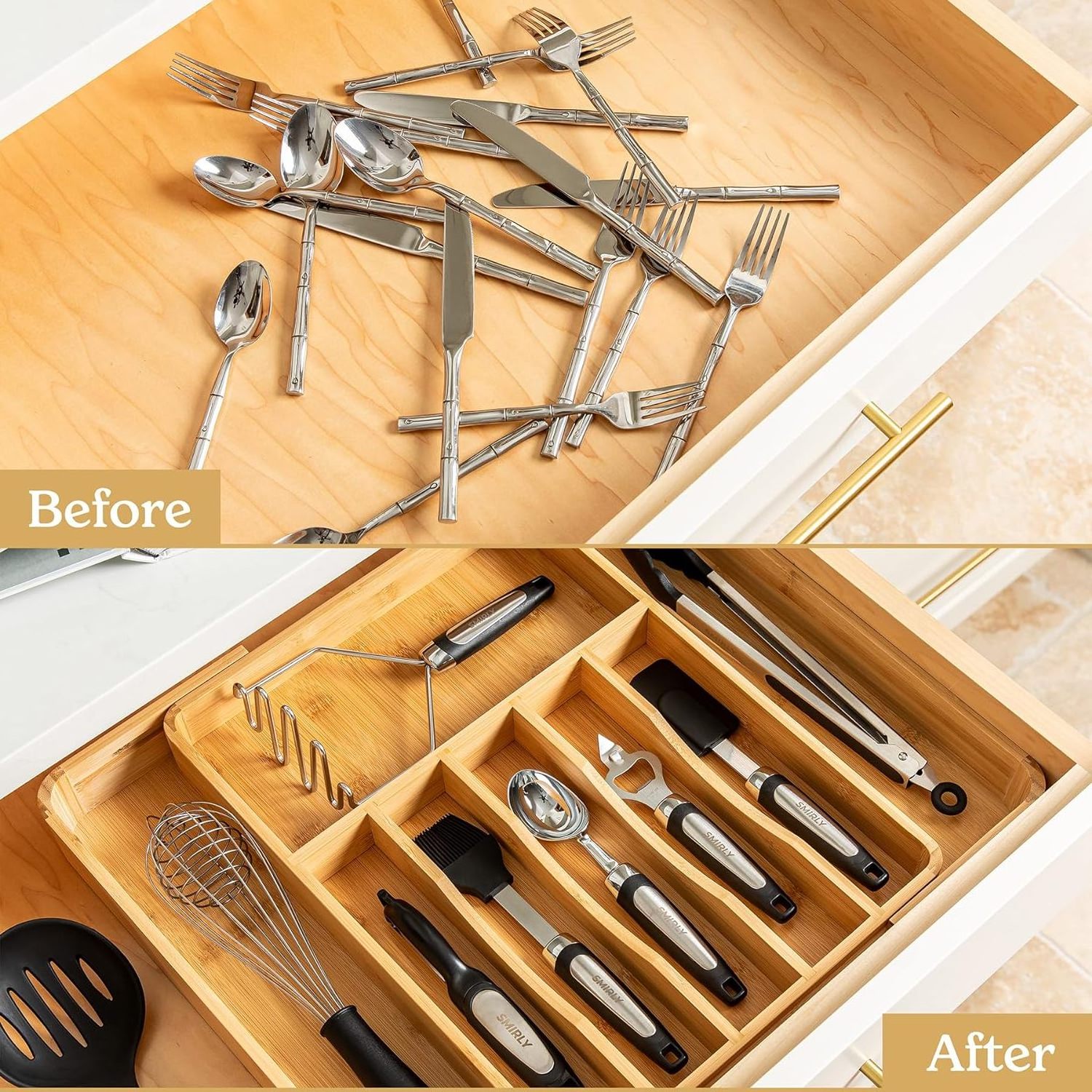 Expandable Bamboo Kitchen Drawer Organizer for Cutlery and Utensils, Adjustable Bamboo Wood Cutlery Tray in Drawer for Flatware