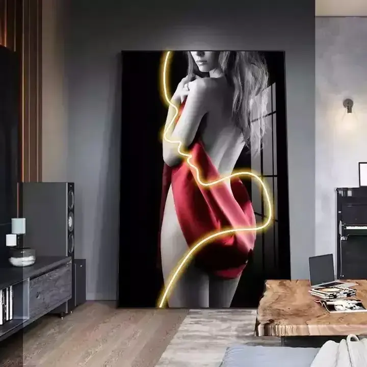 Wholesale HD Modern Abstract LED Light Woman Crystal Porcelain Painting Wall Art for Living Room